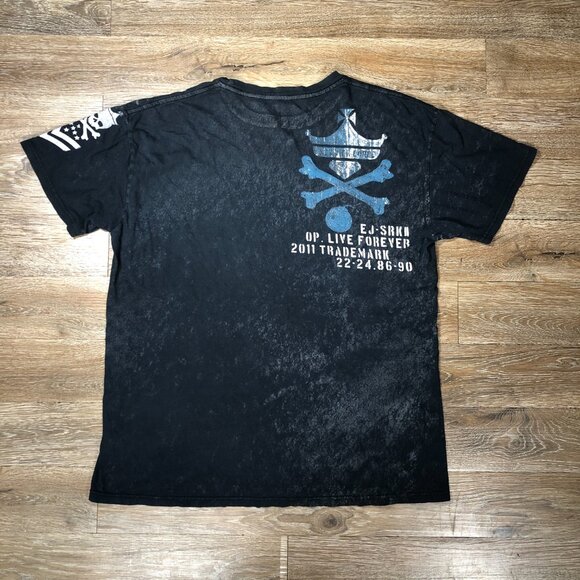 Xzavier Shirt Men Large Black Short Sleeve Shiny Print Goth Y2K Skull Gun Peace - Picture 2 of 4